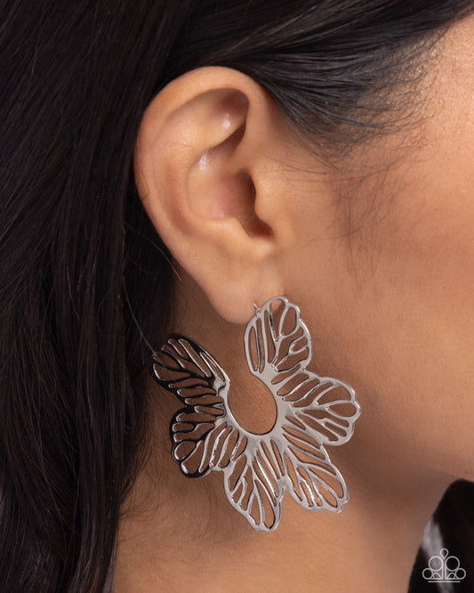 Floral Fame Silver Flower Hoop Earring - Paparazzi Accessories  Airy, high-sheen silver flowers bloom and flare around the ear for a whimsical display. Earring attaches to a standard post fitting. Hoop measures approximately 2 1/4" in diameter.  Sold as one pair of hoop earrings.  SKU: P5HO-SVXX-400XX