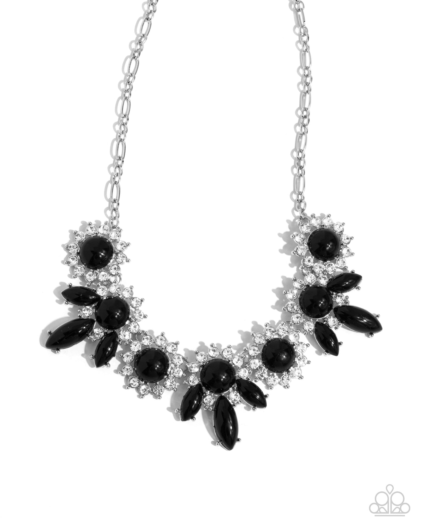 Flair for the Feminine Black Necklace - Paparazzi Accessories  Bordered in white rhinestone-embellished pronged silver fittings, a collection of round and marquise-cut shiny black acrylic beads create a feminine, floral-like display below the neckline. Features an adjustable clasp closure.  Sold as one individual necklace. Includes one pair of matching earrings.  P2ST-BKXX-240XX