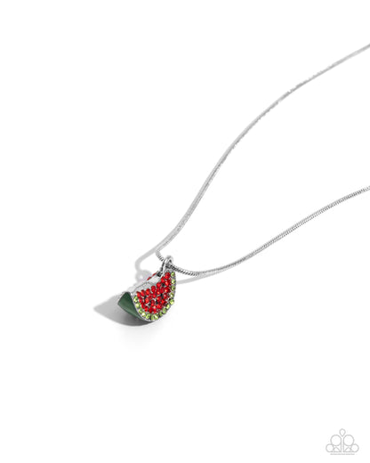 Watermelon Wardrobe Red Necklace - Paparazzi Accessories  Gliding along a silver snake chain, a watermelon charm, embellished with red, black, and green rhinestones, with a dark green-painted rind, glitters below the neckline for a seemingly simple statement. Features an adjustable clasp closure.  Sold as one individual necklace. Includes one pair of matching earrings.  P2DA-RDXX-125XX