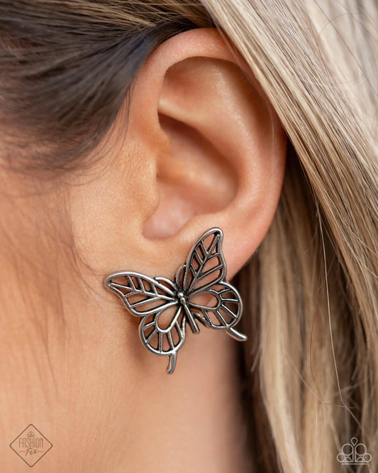 High and FLIGHTY Silver Butterfly Post Earring - Paparazzi Accessories