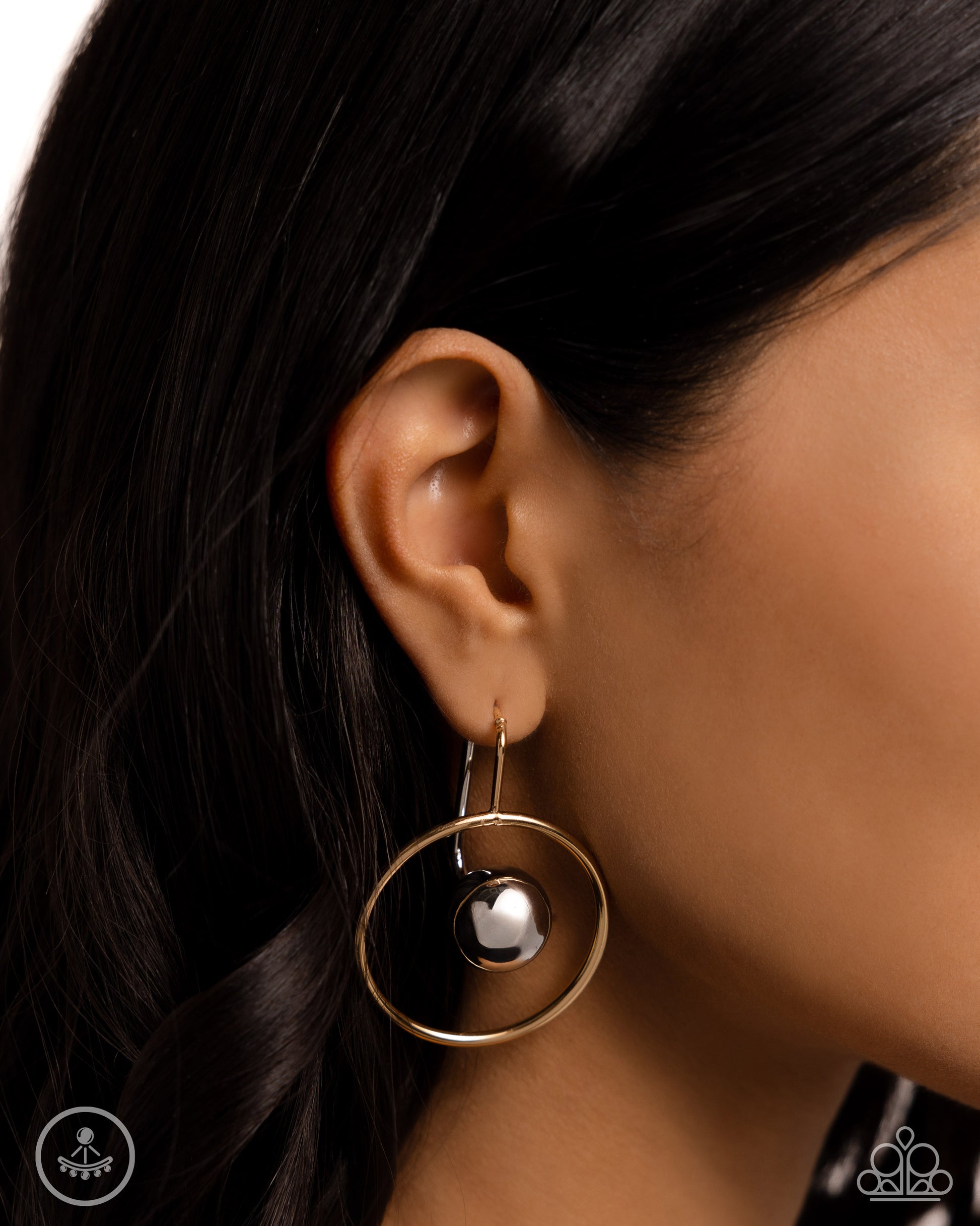 Boldly Balanced Multi Jacket Earring - Paparazzi Accessories  Featuring gold trim, an oversized silver bead seemingly floats inside the center of an airy gold hoop for a dichromatic, dazzling look. Earring attaches to a standard post fitting.  Sold as one pair of double-sided post earrings.  P5PO-MTXX-132XX