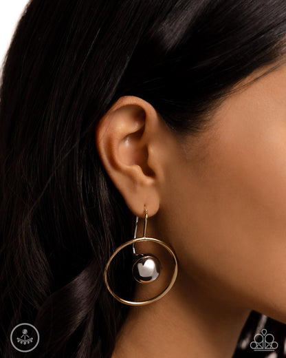 Boldly Balanced Multi Jacket Earring - Paparazzi Accessories  Featuring gold trim, an oversized silver bead seemingly floats inside the center of an airy gold hoop for a dichromatic, dazzling look. Earring attaches to a standard post fitting.  Sold as one pair of double-sided post earrings.  P5PO-MTXX-132XX