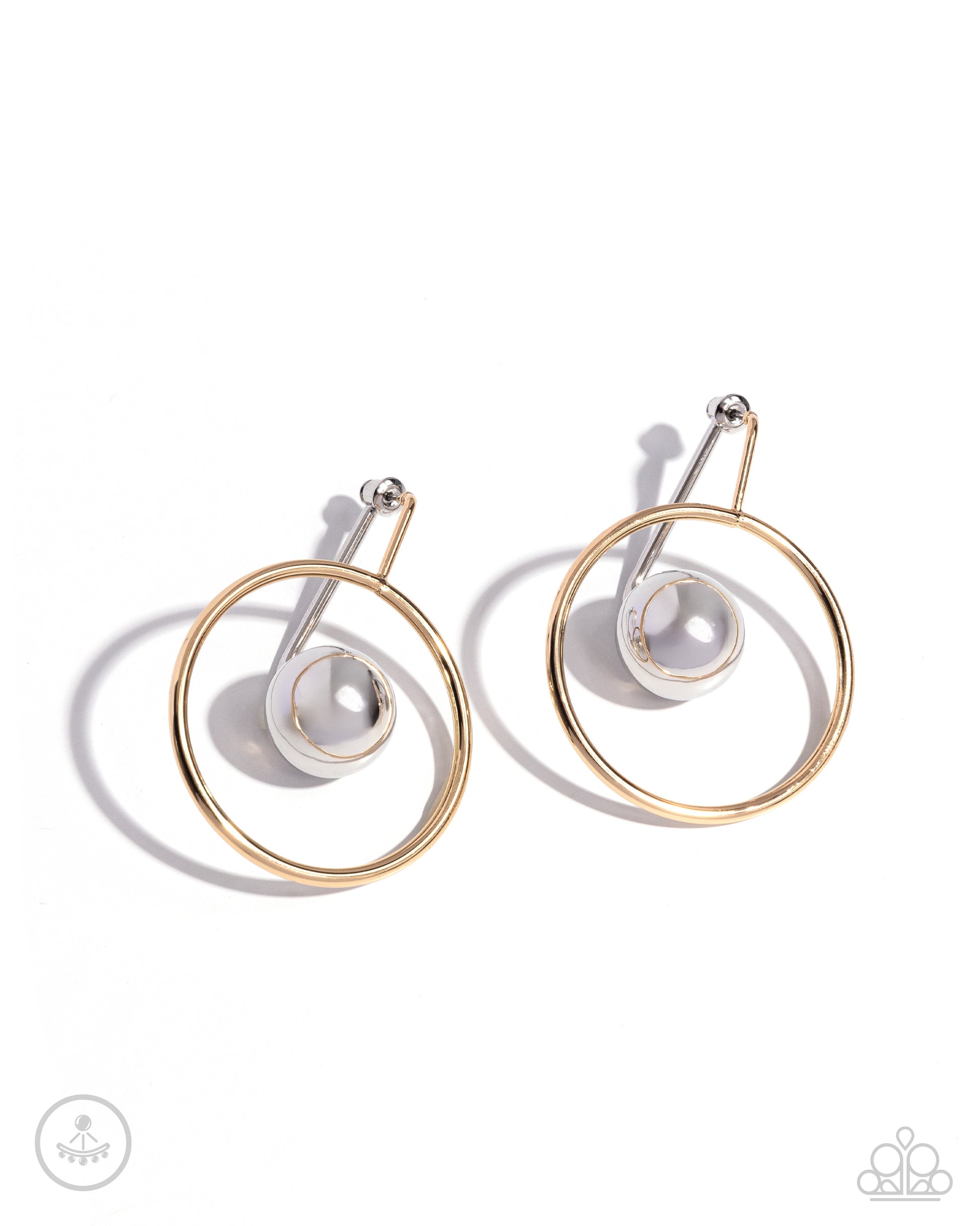 Boldly Balanced Multi Jacket Earring - Paparazzi Accessories  Featuring gold trim, an oversized silver bead seemingly floats inside the center of an airy gold hoop for a dichromatic, dazzling look. Earring attaches to a standard post fitting.  Sold as one pair of double-sided post earrings.  P5PO-MTXX-132XX