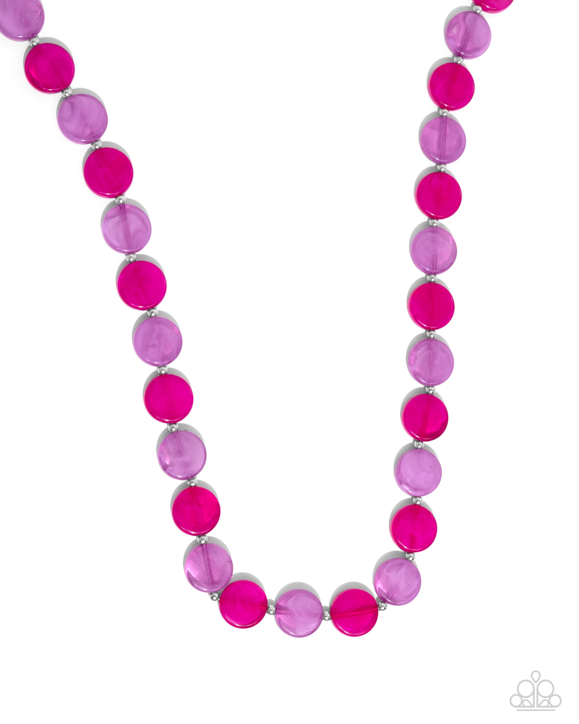 Bright Backdrop Purple Necklace - Paparazzi Accessories Infused on an invisible string, a collection of flat lavender and orchid acrylic discs alternate with dainty silver beads along the neckline for a vibrant pop of optimistic color. Features an adjustable clasp closure. Sold as one individual necklace. Includes one pair of matching earrings. SKU: P2BA-PRXX-024XX