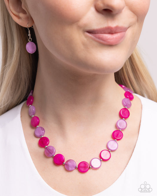 Bright Backdrop Purple Necklace - Paparazzi Accessories Infused on an invisible string, a collection of flat lavender and orchid acrylic discs alternate with dainty silver beads along the neckline for a vibrant pop of optimistic color. Features an adjustable clasp closure. Sold as one individual necklace. Includes one pair of matching earrings. SKU: P2BA-PRXX-024XX