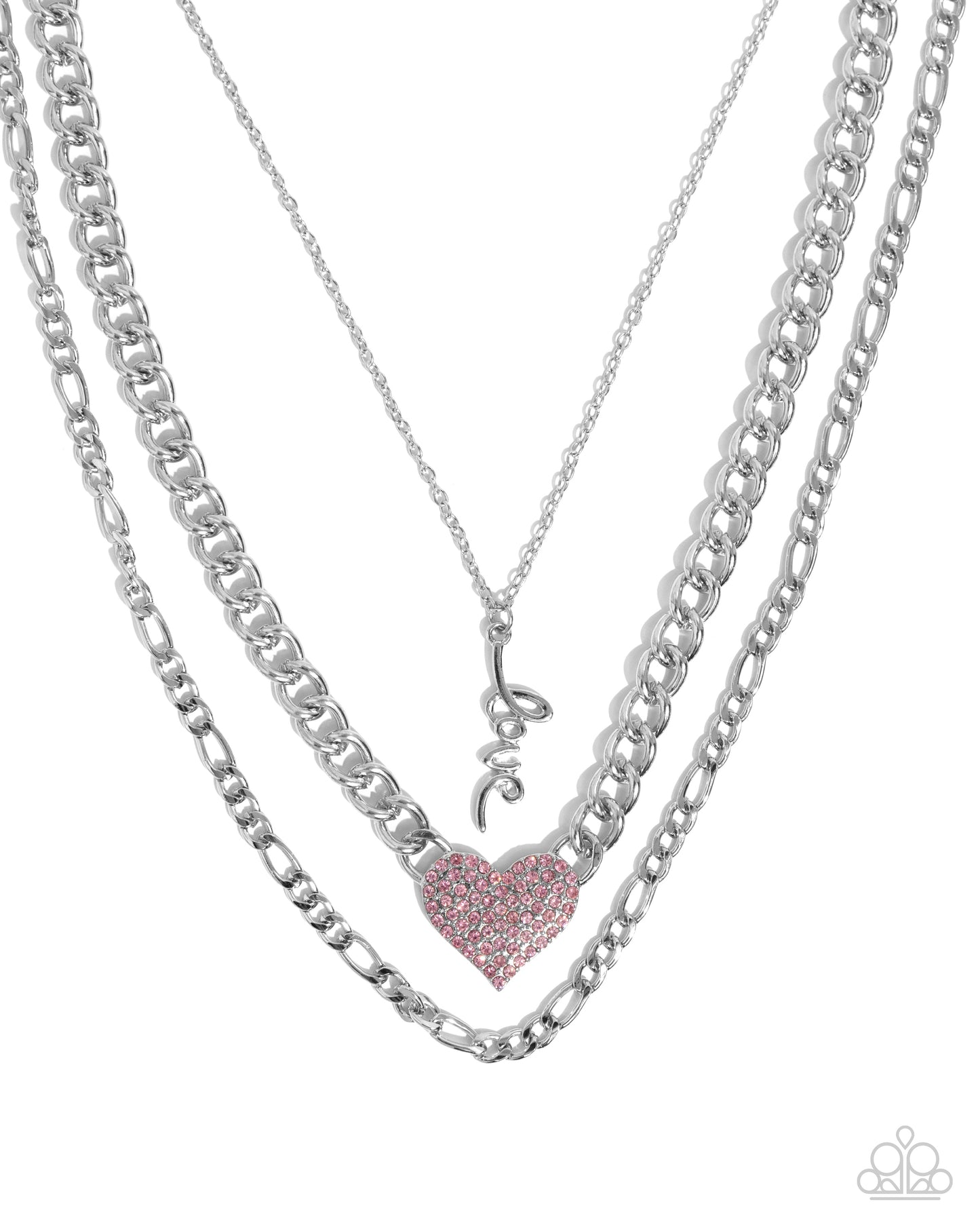 Luxurious Love Pink Heart Necklace - Paparazzi Accessories  Three mismatched silver chains loop and layer below the neckline. Featured on the uppermost chain, set in a curly cursive font, silver letters spell out the word "love" while the centermost chain features a light rose rhinestone-encrusted heart for a romantic radiant display. Features an adjustable clasp closure.  Sold as one individual necklace. Includes one pair of matching earrings.  P2RE-PKXX-423XX