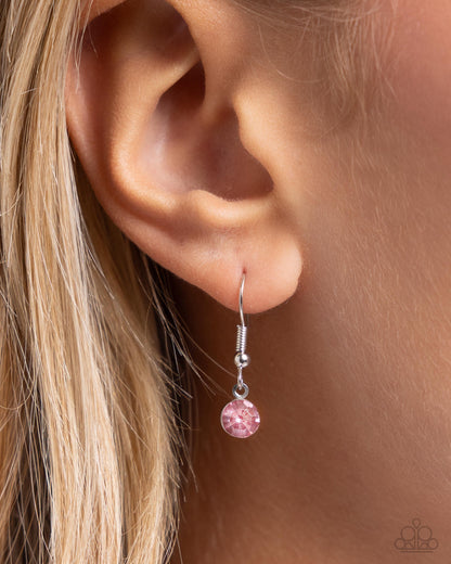 Luxurious Love Pink Heart Necklace - Paparazzi Accessories  Three mismatched silver chains loop and layer below the neckline. Featured on the uppermost chain, set in a curly cursive font, silver letters spell out the word "love" while the centermost chain features a light rose rhinestone-encrusted heart for a romantic radiant display. Features an adjustable clasp closure.  Sold as one individual necklace. Includes one pair of matching earrings.  P2RE-PKXX-423XX