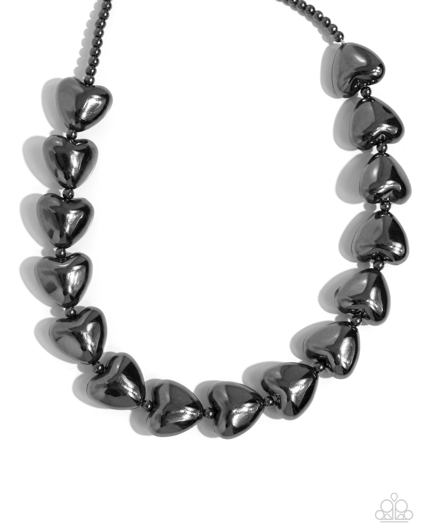 Hello Heartstrings Black Necklace - Paparazzi Accessories  Infused along a classic gunmetal chain, sleek gunmetal hearts alternate with dainty silver beads along the neckline for a romantically refined statement. Features an adjustable clasp closure.  Sold as one individual necklace. Includes one pair of matching earrings.  P2BA-BKXX-060XX