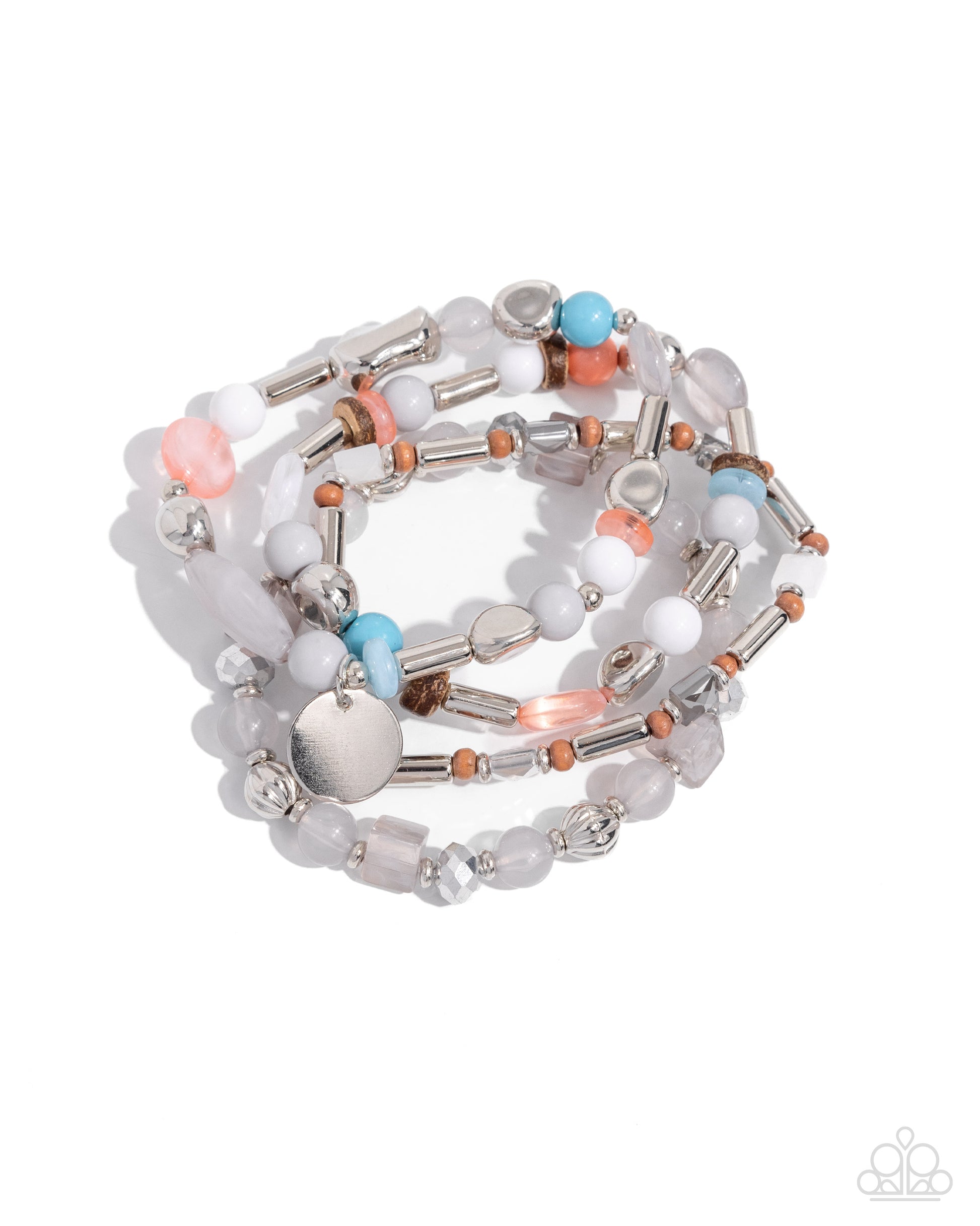 Cloudy Chic Silver Stretch Bracelet - Paparazzi Accessories  Featuring various opacities, Northern Droplet, Desert Flower, Capri Blue, and white beads in varying shapes join wooden beads, silver beads, and a silver disc along elastic stretchy bands for a cloudy stack of charm up the wrist.  Sold as one set of four bracelets.  SKU: P9RE-SVXX-336XX