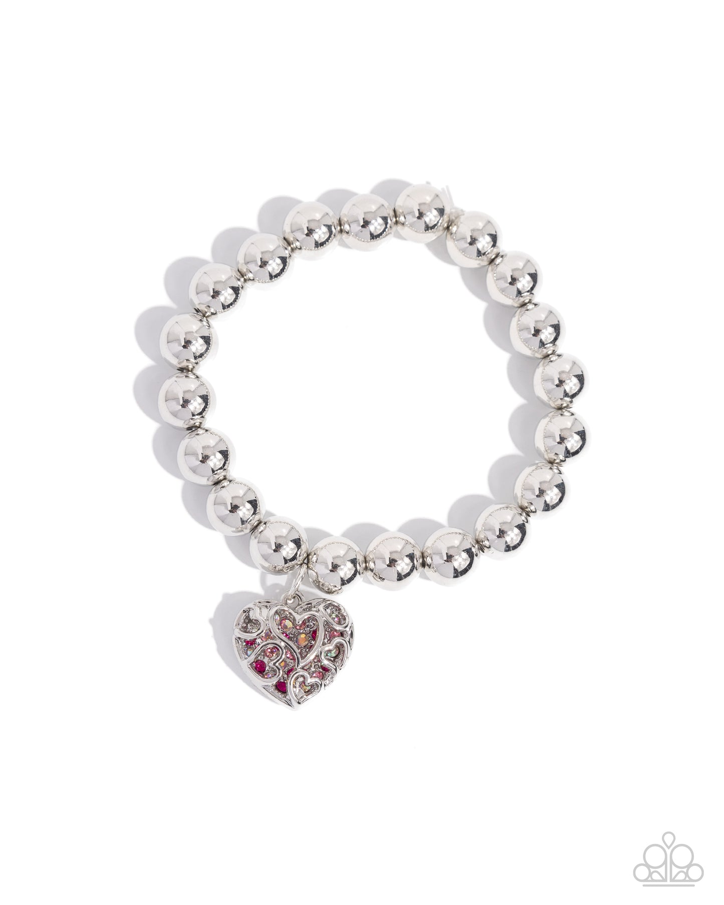 Fleeting Filigree Pink Stretch Bracelet - Paparazzi Accessories  Infused along an elastic stretchy band, a collection of bold silver beads glimmer from the wrist. Fuchsia, light rose, pink iridescent rhinestones, and dainty silver studs peek out from underneath a silver heart filigree cover for a whimsical, romantic finish. Due to its prismatic palette, color may vary.  Sold as one individual bracelet.  P9RE-PKXX-334XX