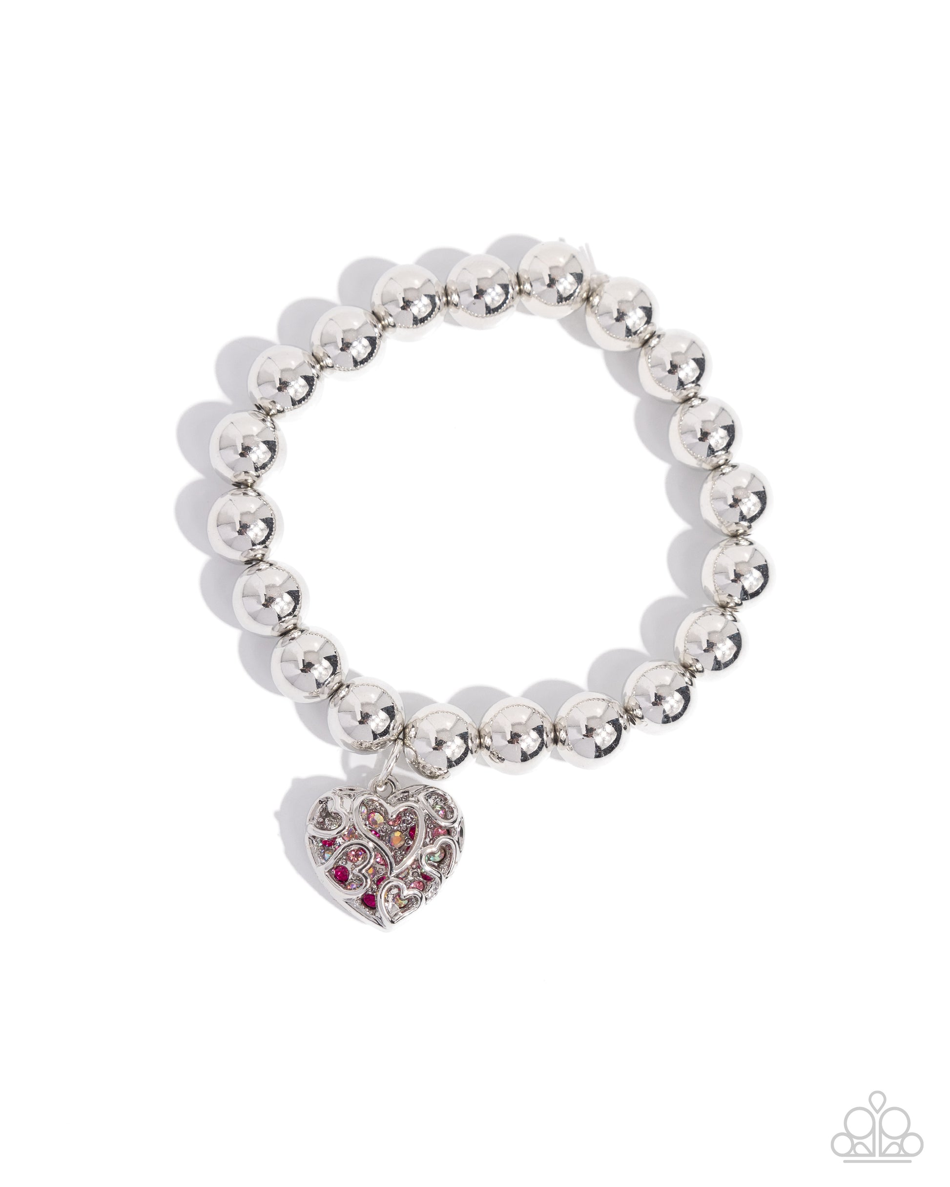 Fleeting Filigree Pink Stretch Bracelet - Paparazzi Accessories  Infused along an elastic stretchy band, a collection of bold silver beads glimmer from the wrist. Fuchsia, light rose, pink iridescent rhinestones, and dainty silver studs peek out from underneath a silver heart filigree cover for a whimsical, romantic finish. Due to its prismatic palette, color may vary.  Sold as one individual bracelet.  P9RE-PKXX-334XX
