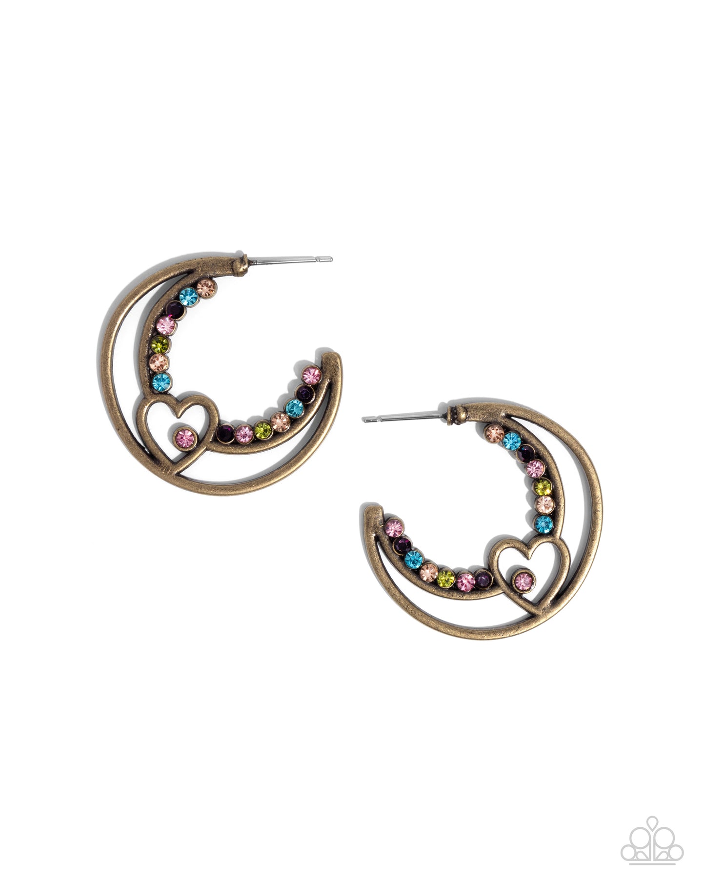 Sympathetic Sweetheart Brass Heart Hoop Earring - Paparazzi Accessories Glistening brass wire delicately bends into a heart frame from a smaller hoop inside a classic airy brass hoop, creating a flirtatious display. Dainty multicolored rhinestones are encrusted along the border of the daintier hoop and embellish a curve of the brass heart for additional romantic color and radiance. Earring attaches to a standard post fitting. Hoop measures approximately 1 1/4" in diameter. P5HO-BRXX-147XX