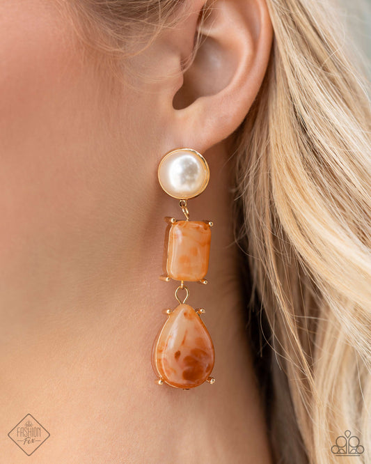 Marbled Masterpiece - Orange Item #P5PO-OGXX-045ZW   Encased in a gold fitting, a glossy white pearl gives way to a collection of orange-marbled beads for a sophisticated shimmer. Featuring teardrop and emerald style cuts, each orange-marbled bead is delicately encased in gold-pronged frames, further adding a touch of color to the glamorous look. Earring attaches to a standard post fitting.  Sold as one pair of post earrings.