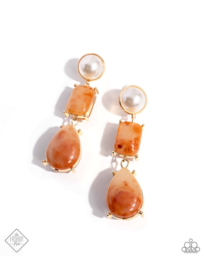 Marbled Masterpiece - Orange Item #P5PO-OGXX-045ZW   Encased in a gold fitting, a glossy white pearl gives way to a collection of orange-marbled beads for a sophisticated shimmer. Featuring teardrop and emerald style cuts, each orange-marbled bead is delicately encased in gold-pronged frames, further adding a touch of color to the glamorous look. Earring attaches to a standard post fitting.  Sold as one pair of post earrings.