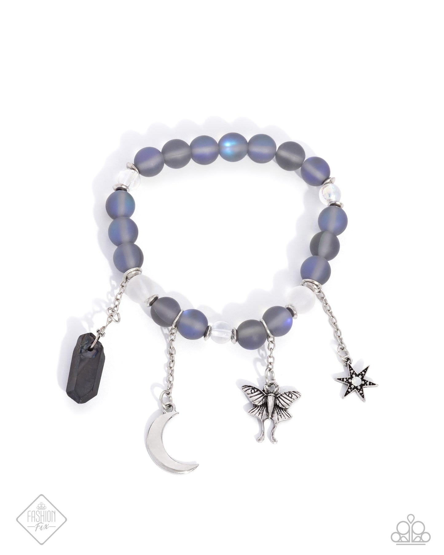 Moth Maestro - Blue Item #P9SE-BLXX-459YC   Infused along an elastic stretchy band, a collection of clear and blue-brushed hematite beads, and silver discs combine for a pop of color around the wrist. Various earthy and stellar charms drip below the display on differing lengths of silver chain including a highly-detailed silver moth, a chiseled hematite stone, a silver crescent moon, and an opalescent-centered silver star for a majestic finish.  Sold as one individual bracelet.