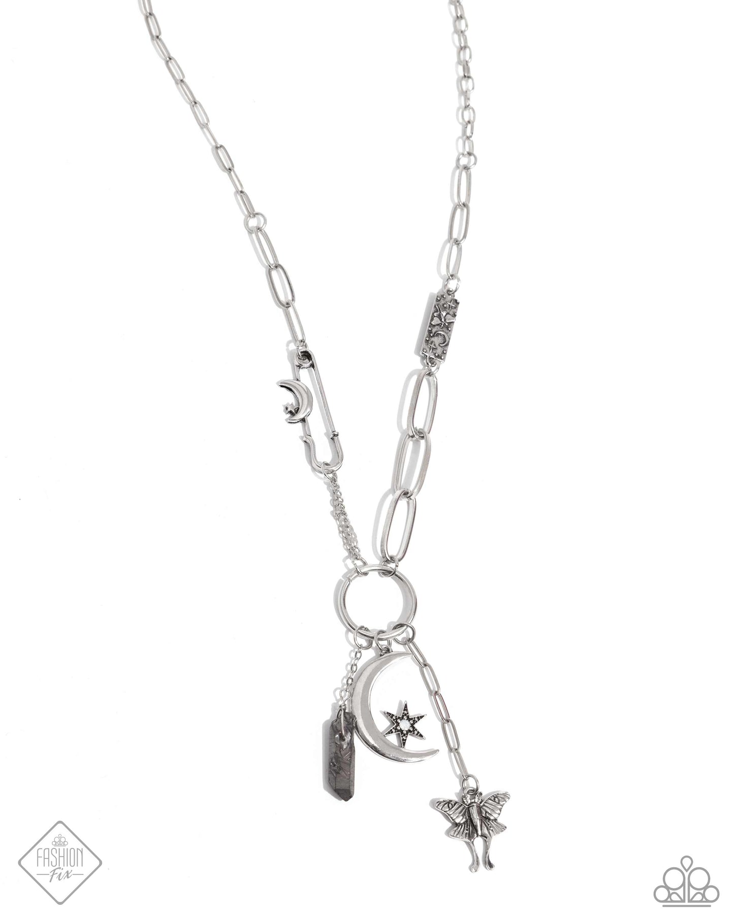 Celestial Confidence - Silver Item #P2WH-SVXX-387YC A dainty silver paperclip chain gradually increases in size as it elongates down the neckline, accentuated by a link resembling a safety pin, dotted with a crescent moon, and embossed with starry details. The embellished chain leads to a collection of charms, including a chiseled piece of hematite, a three-dimensional star nestled in the curve of a crescent moon, and a moth with intricate detailing. Includes one pair of matching earrings.
