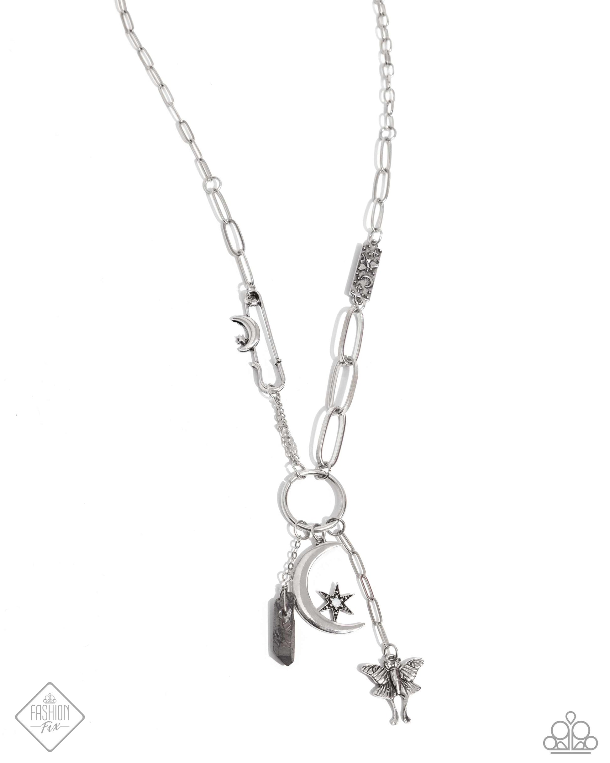 Celestial Confidence - Silver Item #P2WH-SVXX-387YC A dainty silver paperclip chain gradually increases in size as it elongates down the neckline, accentuated by a link resembling a safety pin, dotted with a crescent moon, and embossed with starry details. The embellished chain leads to a collection of charms, including a chiseled piece of hematite, a three-dimensional star nestled in the curve of a crescent moon, and a moth with intricate detailing. Includes one pair of matching earrings.