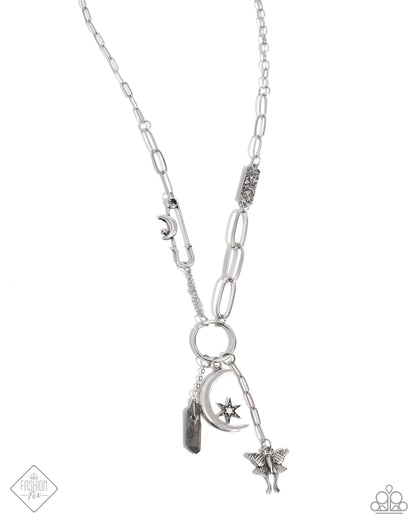 Celestial Confidence - Silver Item #P2WH-SVXX-387YC A dainty silver paperclip chain gradually increases in size as it elongates down the neckline, accentuated by a link resembling a safety pin, dotted with a crescent moon, and embossed with starry details. The embellished chain leads to a collection of charms, including a chiseled piece of hematite, a three-dimensional star nestled in the curve of a crescent moon, and a moth with intricate detailing. Includes one pair of matching earrings.