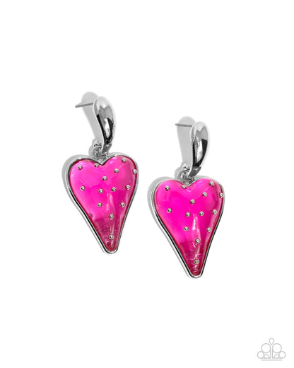 Glossy Goodwill Pink Post Earring - Paparazzi Accessories  A curved silver post gives way to a glossy jelly-like pink strawberry pendant embellished with silver "seeds" for a sweet, summery statement. Earring attaches to a standard post fitting.  Sold as one pair of post earrings.  P5PO-PKXX-125XX