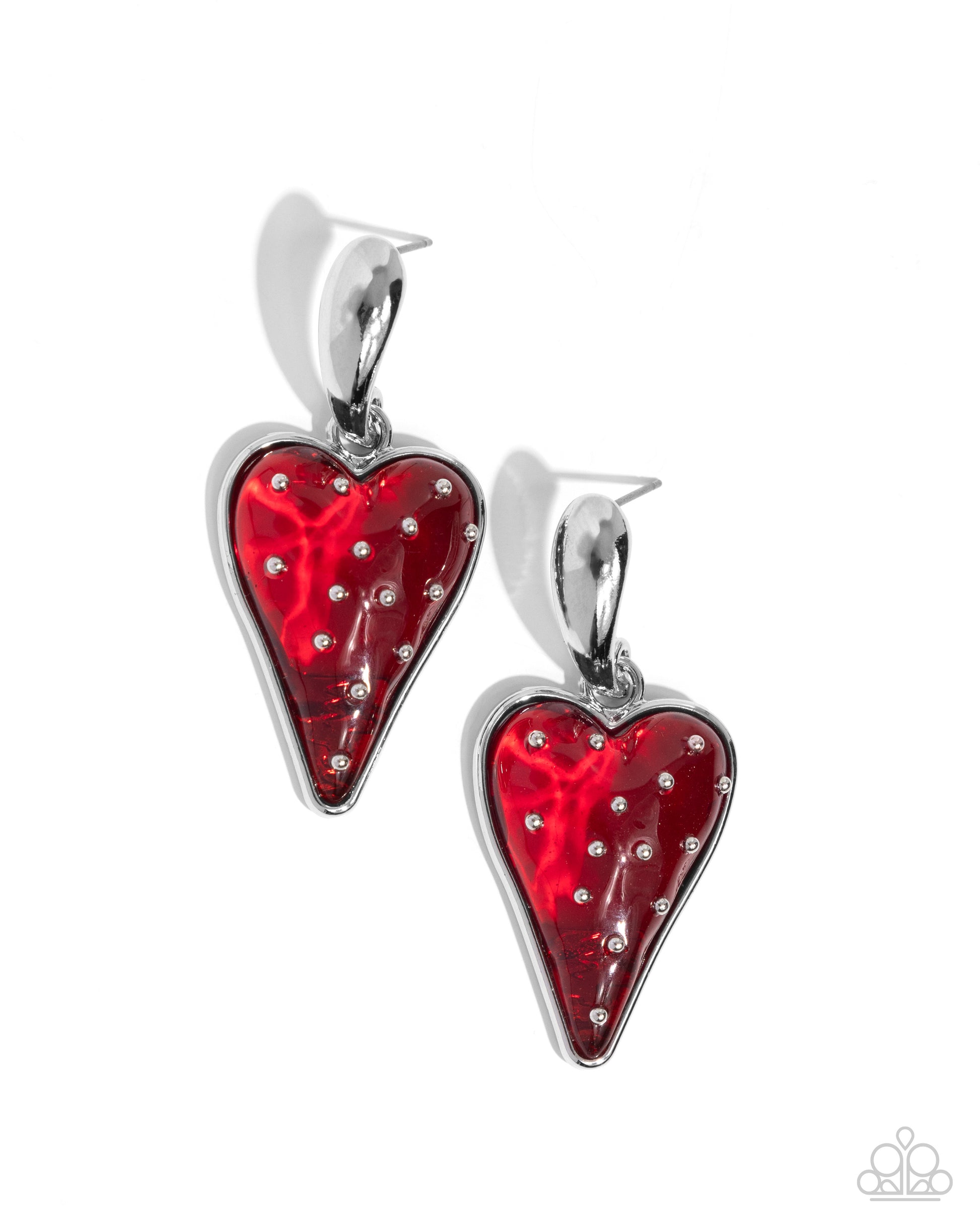 Glossy Goodwill Red Heart Earring - Paparazzi Accessories  A curved silver post gives way to a glossy jelly-like red strawberry pendant embellished with silver "seeds" for a sweet, summery statement. Earring attaches to a standard post fitting.  Sold as one pair of post earrings.  P5PO-RDXX-069XX