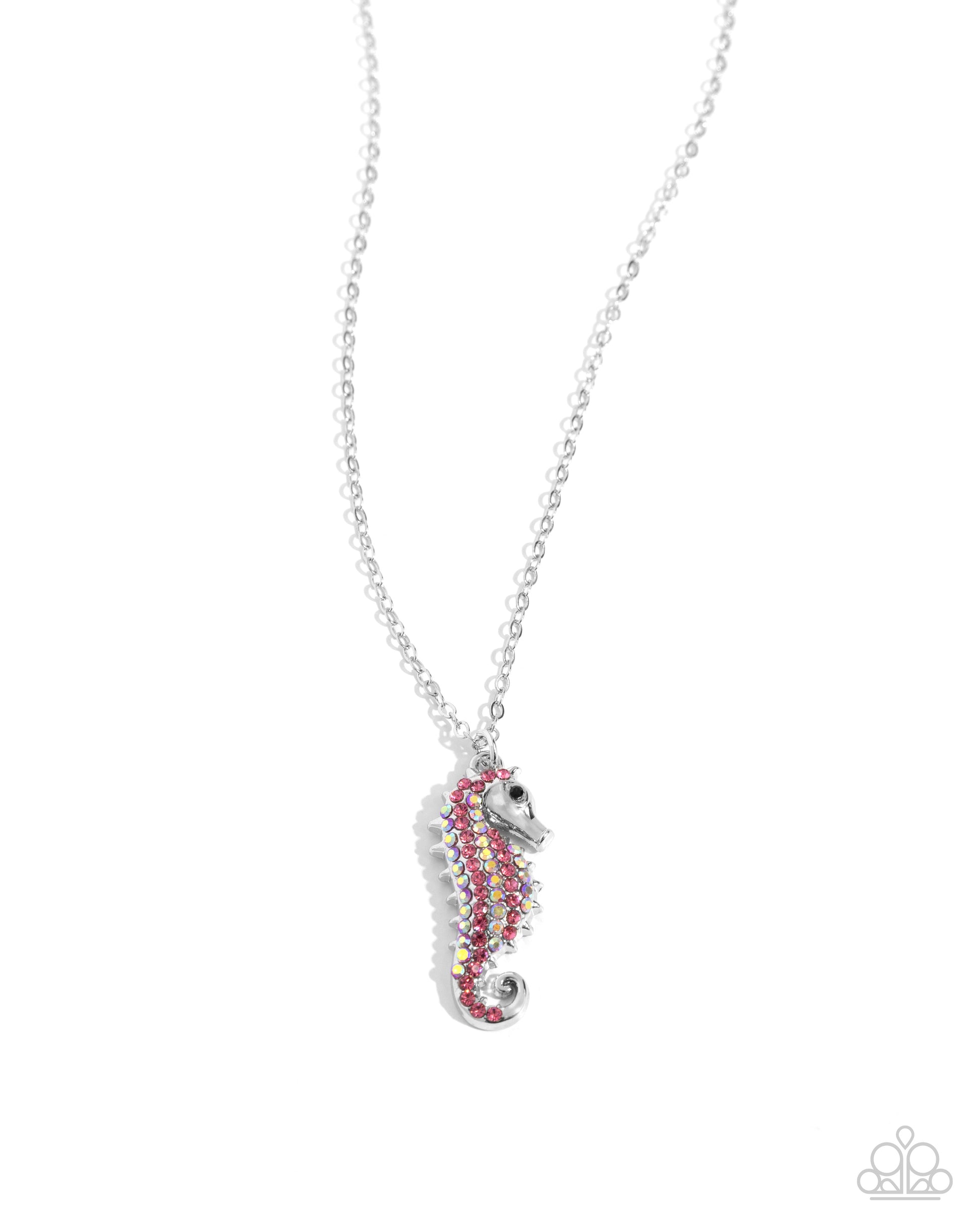 Seahorse Sailor Pink Necklace - Paparazzi Accessories  Gliding along a dainty silver chain, a rose, iridescent, and black rhinestone-embellished silver seahorse pendant shines below the neckline for a chic, coastal look. Features an adjustable clasp closure. Due to its prismatic palette, color may vary.  Sold as one individual necklace. Includes one pair of matching earrings.  P2DA-PKXX-209XX