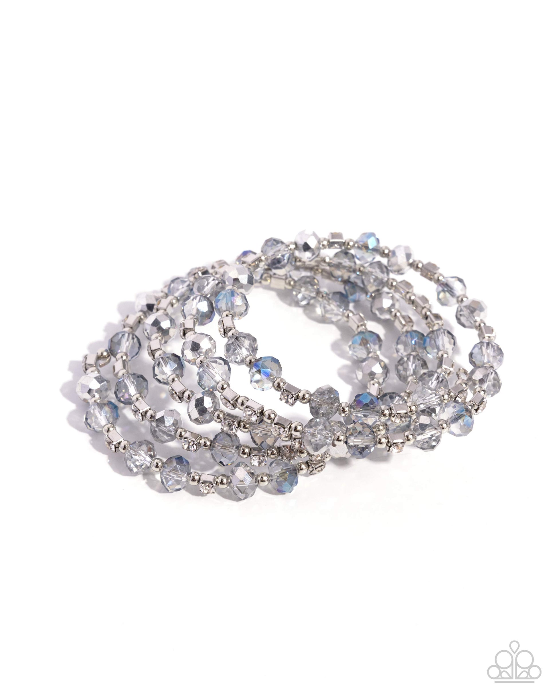 Refined Reality Silver Coil Bracelet - Paparazzi Accessories  Brushed in a UV coating, reflective faceted clear beads, clear beads, silver beads, and white rhinestones in square fittings are threaded along a coiled wire, creating a refined infinity wrap-style bracelet around the wrist.  Sold as one individual bracelet.  SKU: P9RE-SVXX-335XX