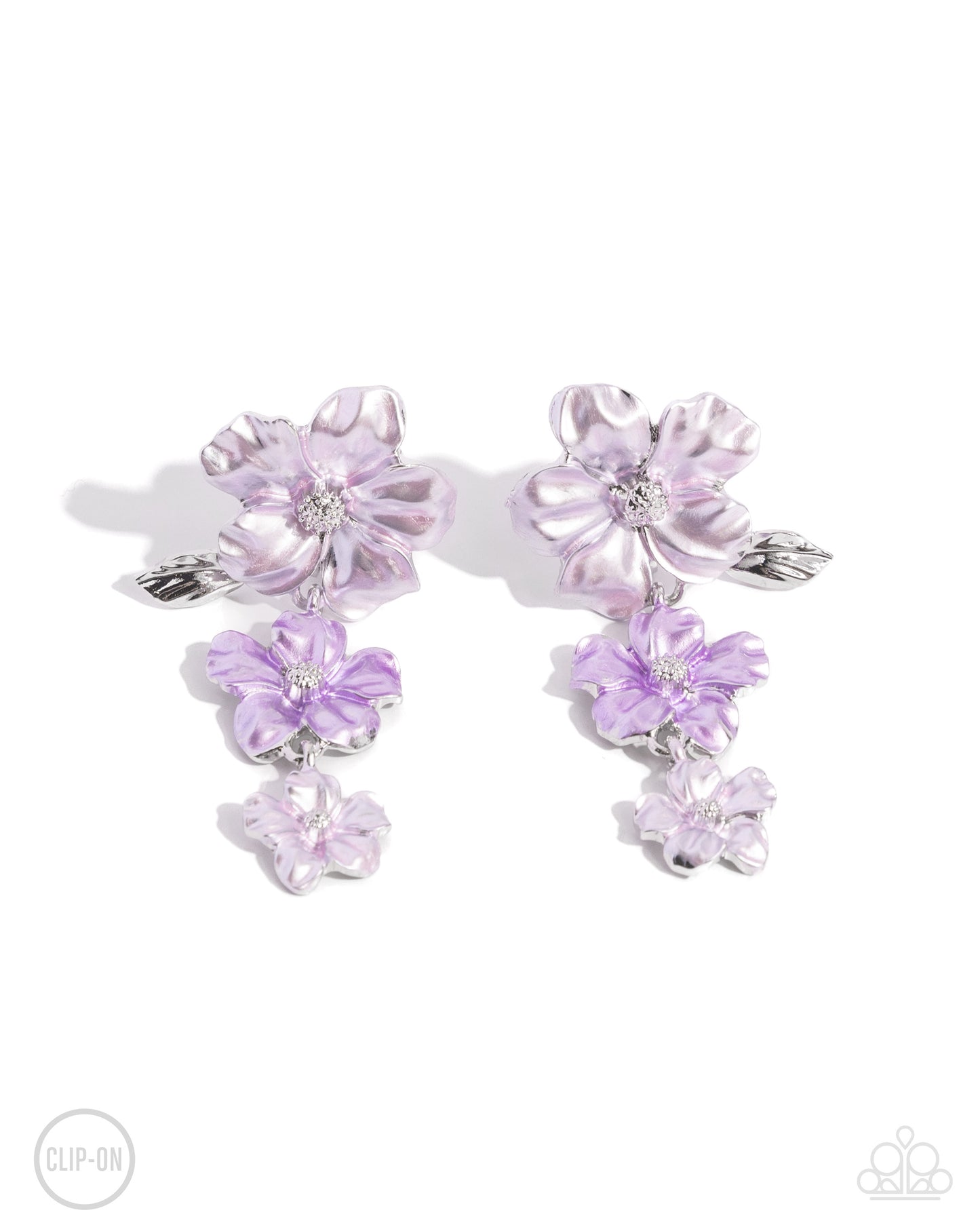Balanced Bouquet Purple Flower Clip-On Earring - Paparazzi Accessories  Dotted with silver-studded centers, metallic light purple and lavender flowers bloom and alternate, gradually decreasing in size as they cascade below the ear. The largest flower blossoms across a textured collection of silver leaves, invoking a festive spirit. Earring attaches to a standard clip-on fitting.  Sold as one pair of clip-on earrings.  P5CO-PRXX-027ZR