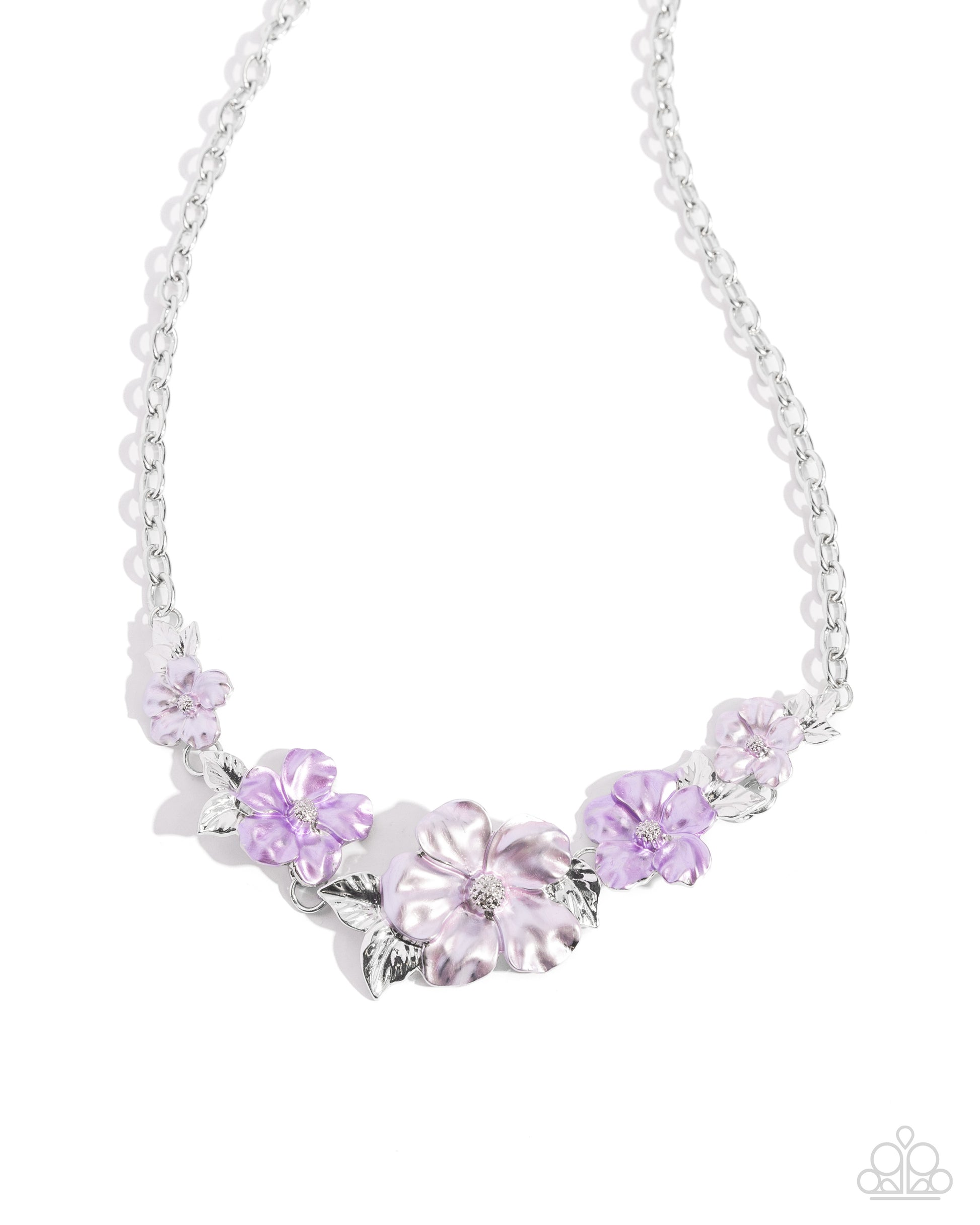 Bouquet Brilliance Purple Flower Necklace - Paparazzi Accessories  Dotted with silver-studded centers, metallic light purple and lavender flowers bloom and alternate along the neckline. Each flower, varying in size, blossoms across a textured collection of silver leaves below the collar, invoking a festive spirit. Features an adjustable clasp closure.  Sold as one individual necklace. Includes one pair of matching earrings.  P2ST-PRXX-176ZR