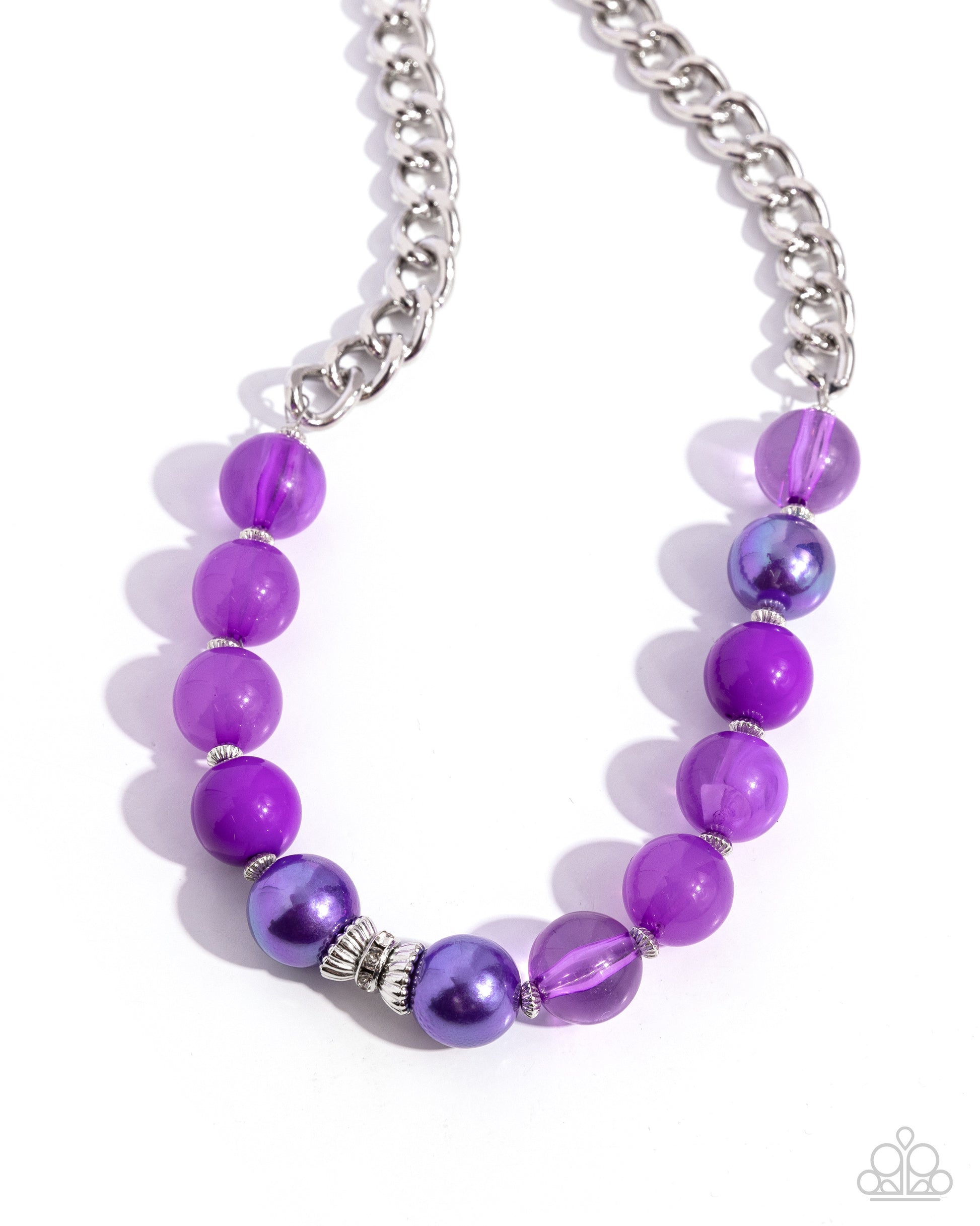 Opulent Opacities Purple Necklace - Paparazzi Accessories A glistening silver curb chain gives way to a collection of purple beads featuring various opacities and iridescent shimmer. Textured ribbed silver beads alternate between each purple bead and collect at the center of the display around a ribbon of white gems for a shimmery finish. Features an adjustable clasp closure. Due to its prismatic palette, color may vary. Includes one pair of matching earrings. P2RE-PRXX-336XX