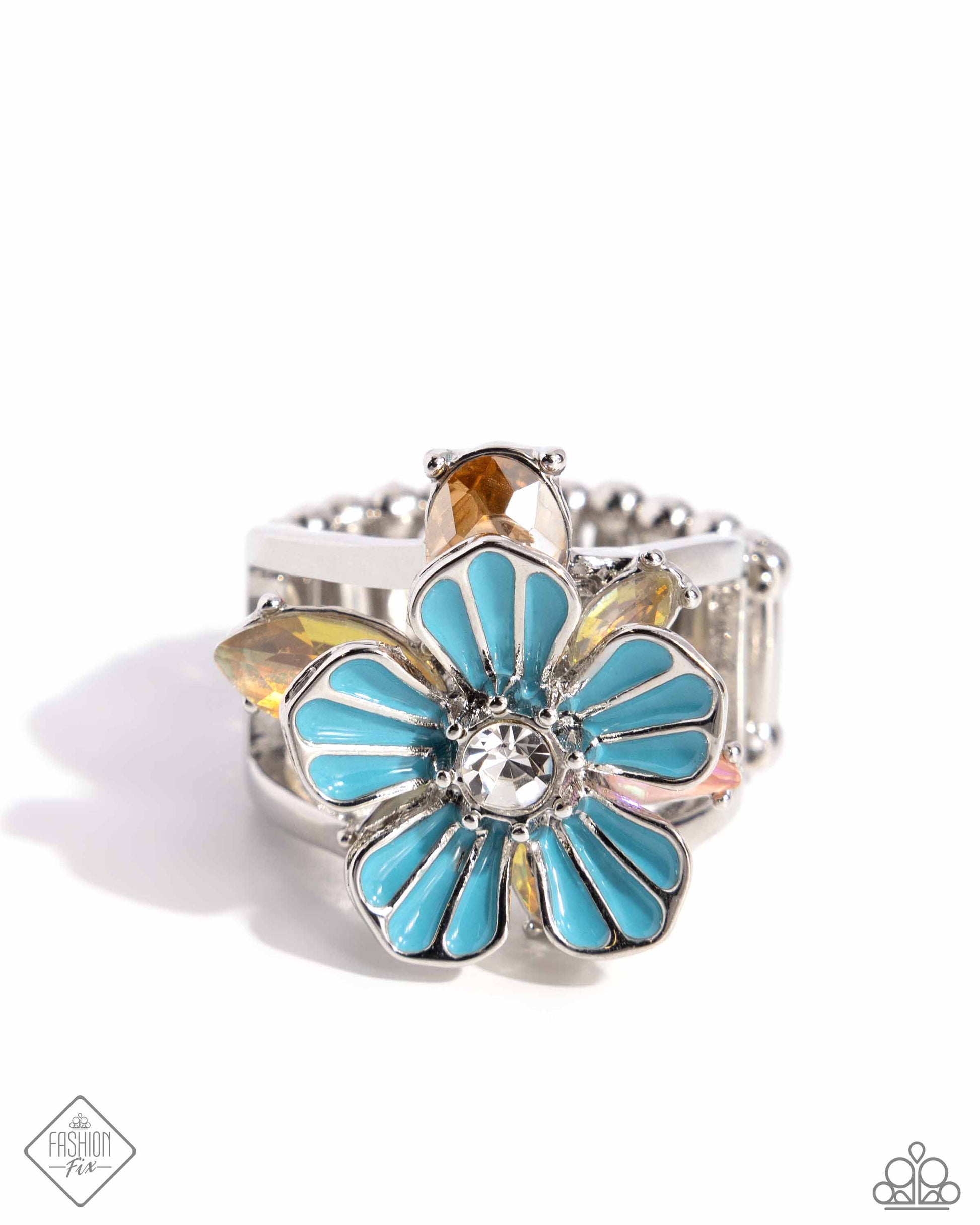 Hamptons Holiday - Blue Item #P4WH-BLXX-218AD   Featuring a white rhinestone center, a blue-painted silver flower radiates from an airy silver band. Opalescent topaz and pink gems in various cuts blossom outward from the blue flower in silver-pronged fittings for a dreamy, coastal-inspired centerpiece. Features a stretchy band for a flexible fit.  Sold as one individual ring.