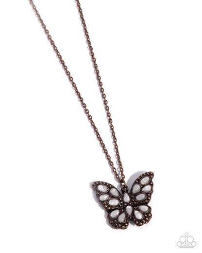 Santa Fe Satisfaction Copper Butterfly Necklace - Paparazzi Accessories  Featuring white stones in varying shapes, a copper-studded butterfly flutters along a dainty copper cable chain below the neckline for a whimsically reflective look. Features an adjustable clasp closure. As the stone elements in this piece are natural, some color variation is normal.  Sold as one individual necklace. Includes one pair of matching earrings.  P2SE-CPXX-180XX