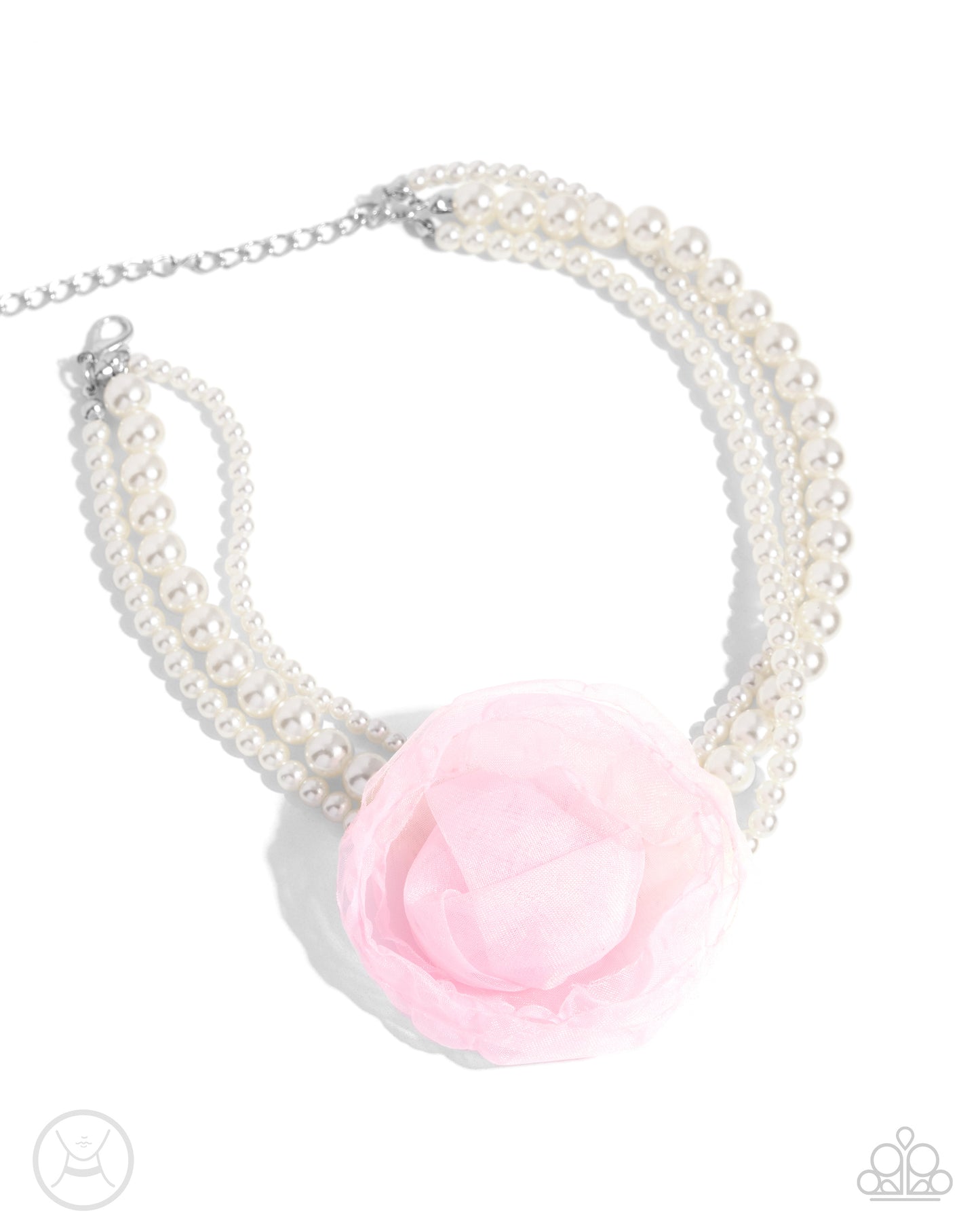 Radiant Rosette Pink Pearl Choker Necklace - Paparazzi Accessories  A trio of glossy white pearly strands in varying sizes coalesce around the collar for a radiant, refined look. An oversized baby pink tulle rosette adorns the center of the pearly strands for a feminine finish. Features an adjustable clasp closure.  Sold as one individual choker necklace. Includes one pair of matching earrings.  P2CH-PKXX-041XX