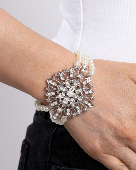 Flattering Florals White Pearl Stretch Bracelet - Paparazzi Accessories