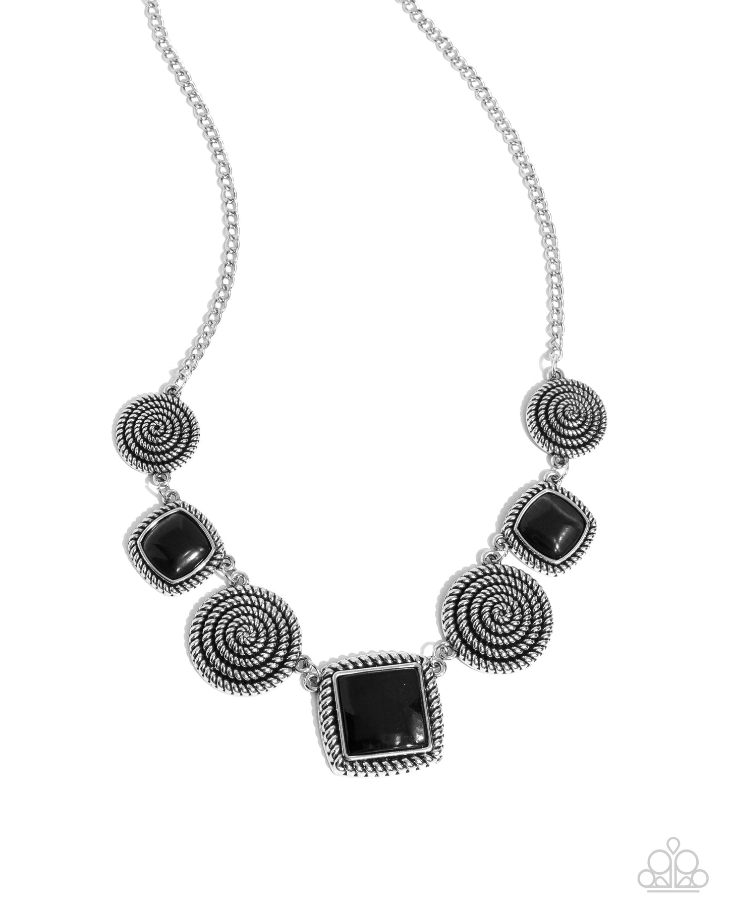 Spiral Sass Black Necklace - Paparazzi Accessories  Pressed in textured spiral silver frames, a collection of glassy black cat's eye square stones alternate with glistening silver spirals along the neckline for a sassy showcase of color. Features an adjustable clasp closure.  Sold as one individual necklace. Includes one pair of matching earrings.  P2RE-BKXX-496XX