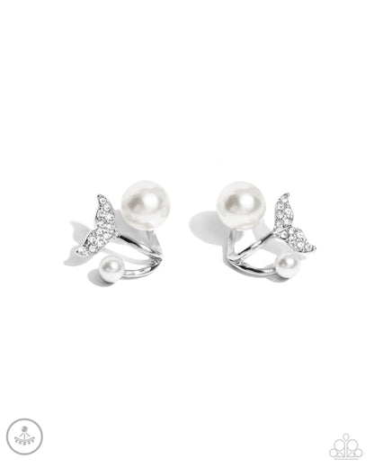 Modular Mermaid White Jacket Earring - Paparazzi Accessories  Embellished in white rhinestones, a silver mermaid tail swoops below the ear. Glossy white pearls in varying sizes frame the mermaid tail for additional coastal charm. Earring attaches to a standard post fitting.  Sold as one pair of double-sided post earrings.  P5PO-WTXX-435XX