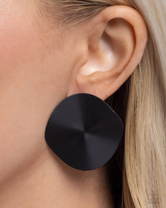Moody Masterpiece Black Post Earring - Paparazzi Accessories  Featuring a matte black finish, a wavy metallic button gleams from the ear for an abstract, artistic statement. Earring attaches to a standard post fitting.  Sold as one pair of post earrings.  P5PO-BKXX-234XX
