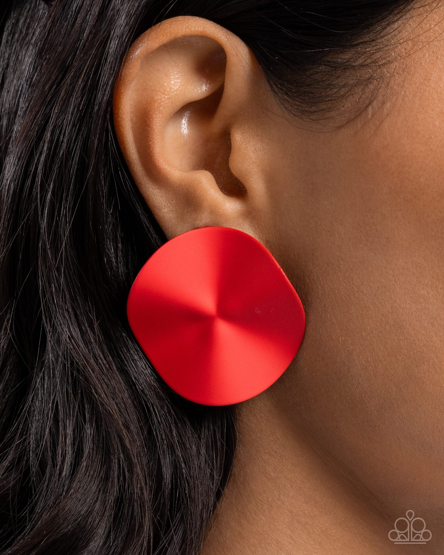 Moody Masterpiece Red Circle Post Earring - Paparazzi Accessories  Featuring a matte red finish, a wavy metallic button gleams from the ear for an abstract, artistic statement. Earring attaches to a standard post fitting.  Sold as one pair of post earrings.  P5PO-RDXX-057XX