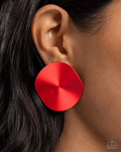 Moody Masterpiece Red Circle Post Earring - Paparazzi Accessories  Featuring a matte red finish, a wavy metallic button gleams from the ear for an abstract, artistic statement. Earring attaches to a standard post fitting.  Sold as one pair of post earrings.  P5PO-RDXX-057XX