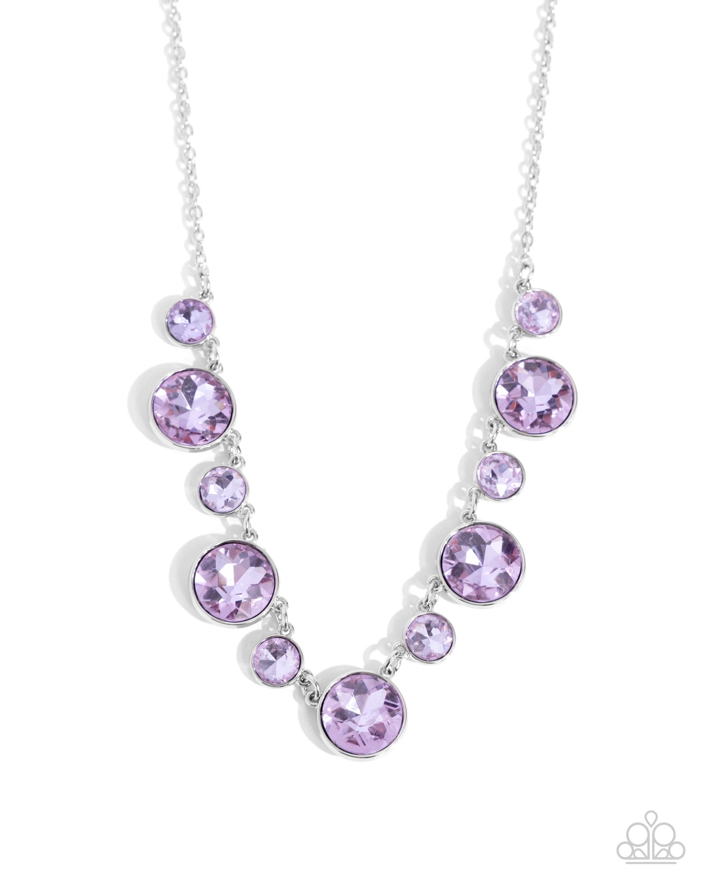 Genteel Gallery Purple Rhinestone Necklace - Paparazzi Accessories  Attached to a dainty silver chain, a collection of faceted violet gems alternate with larger defaced violet gems along the neckline for a politely polished look. Features an adjustable clasp closure.  Sold as one individual necklace. Includes one pair of matching earrings.   Get The Complete Look! Earring: "Genteel Glam - Purple" (Sold Separately)