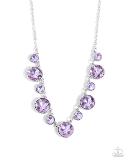 Genteel Gallery Purple Rhinestone Necklace - Paparazzi Accessories  Attached to a dainty silver chain, a collection of faceted violet gems alternate with larger defaced violet gems along the neckline for a politely polished look. Features an adjustable clasp closure.  Sold as one individual necklace. Includes one pair of matching earrings.   Get The Complete Look! Earring: "Genteel Glam - Purple" (Sold Separately)