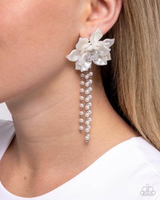 Lotus Length White Flower Post Earring - Paparazzi Accessories