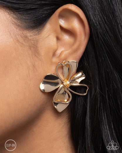 Sweetness and Light Gold Flower Clip-On Earring - Paparazzi Accessories