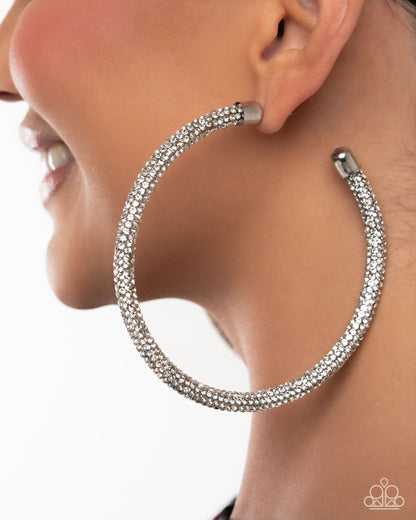 Classy Condition White Rhinestone Hoop Earring (May 2025 LOP) - Paparazzi Accessories