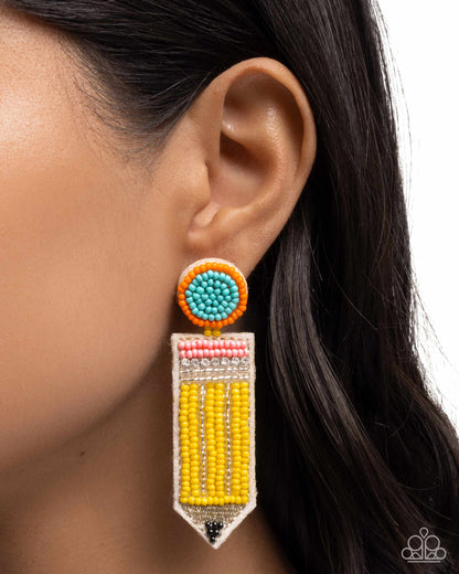 Phenomenal Pencil Yellow Seed Bead Post Earring - Paparazzi Accessories