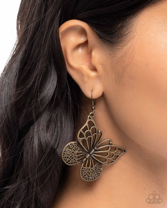 Soaring Skill Brass Butterfly Earring - Paparazzi Accessories