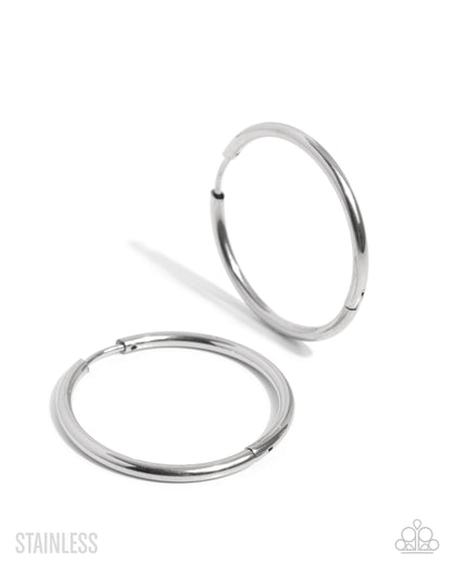 Surmounting Sheen Silver Stainless Steel Hinge Hoop (October 2025 LOP) - Paparazzi Accessories