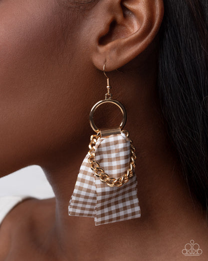 Picnic Pizzazz Brown Plaid Earring - Paparazzi Accessories