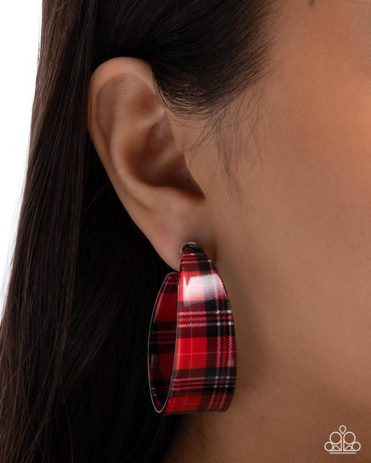 Fabulous Flannel Red Hoop Earring - Paparazzi Accessories