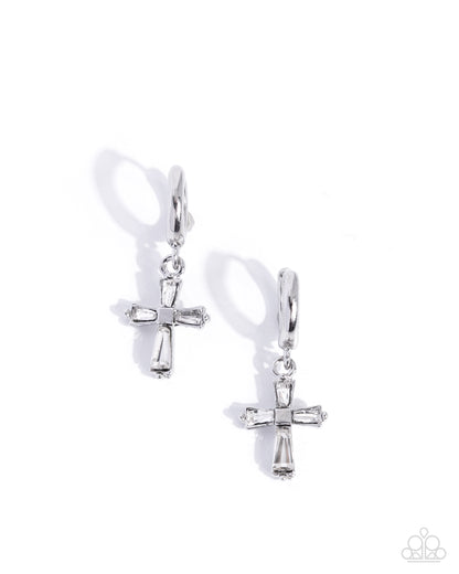 Sacred Shine White Cross Hinge Hoop Earring - Paparazzi Accessories