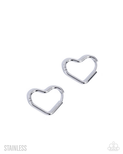 Smitten Sass Silver Stainless Steel Heart Hinge Hoop Earring - Paparazzi Accessories